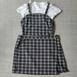 Women's Black and White 90s Plaid Skirt/Shirt Combo